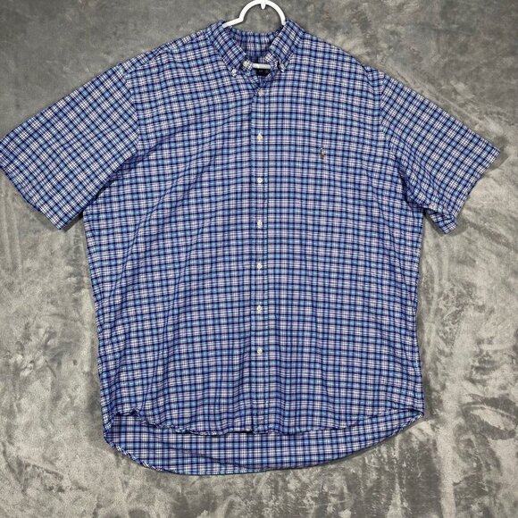 Ralph Lauren 2XLT‎ Blue Pink Plaid Short Sleeve Button Mens Shirt Flesh Pony - Picture 1 of 7